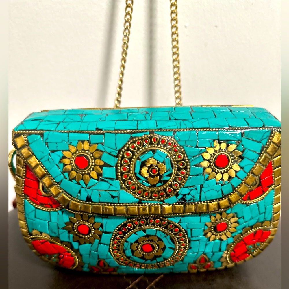 Brand New: Antik Kraft Clutch- Turquoise Mosaic Hard Shell Purse